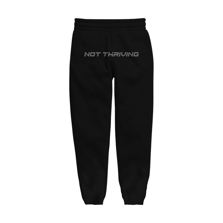 Photo of the black sweatpants lying flat.  "Not Thriving" text across the crotch area in silver rhinestones.